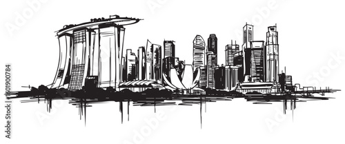 singapore cityscape tall building engraving sketch vector illustration