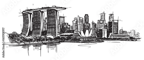 singapore cityscape tall building engraving sketch vector illustration