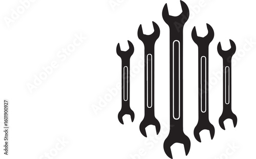 Isolated metal repair tools: a set of wrenches, screwdrivers, and other construction equipment on white