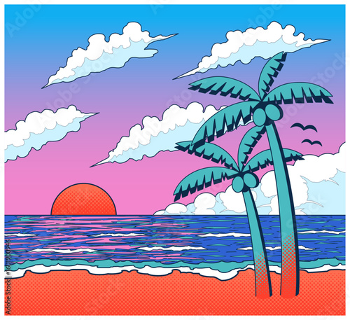 朝焼け・夕焼けのビーチとヤシの木イラスト