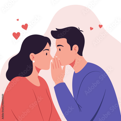 Couple whispering sweet nothings with hearts in the background  