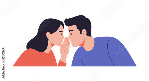 Young couple whispering to each other with playful expressions 