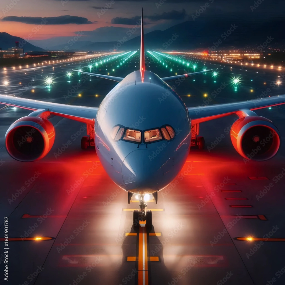 Fototapeta premium An airplane with navigation lights on at dusk, Ai generated image