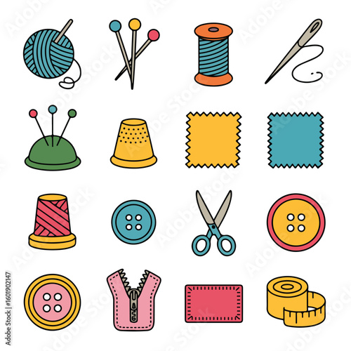 Colorful sewing tools and notions set for creative crafting projects