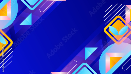 Abstract blue background with colorful geometric shapes. Ideal for website banners, social media posts, or digital presentations needing a vibrant touch.