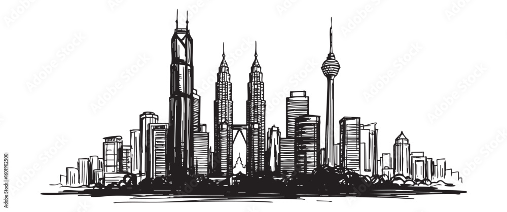 Obraz premium kuala lumpur malaysia cityscape tall building engraving sketch vector illustration