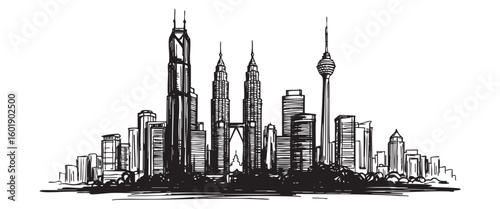 kuala lumpur malaysia cityscape tall building engraving sketch vector illustration
