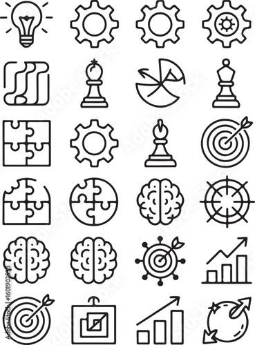 Business concept icons lightbulb gears chess pieces puzzle brain targets growth chart