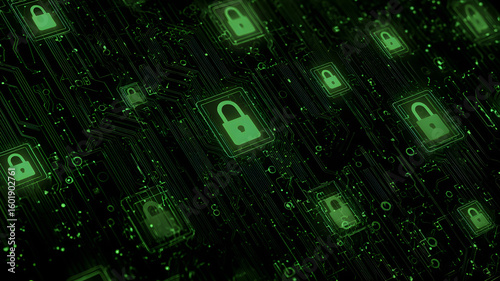 Green padlock icons on a digital circuit board background representing data security and protection