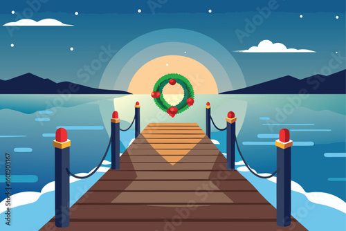 Wooden Pier with Wreath under Winter Sunset