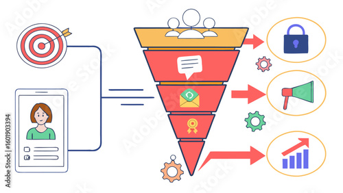 Illustration of a sales funnel with target, mobile form, padlock, megaphone, and growth chart elements