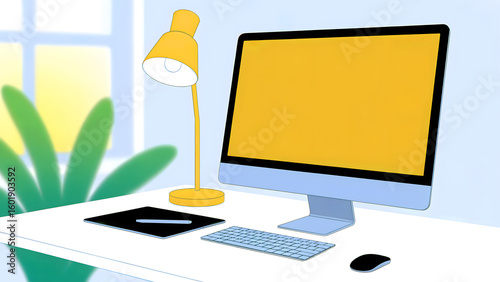 Yellow desk lamp and computer setup with plant and window view monitor keyboard