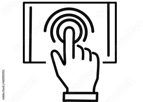 A clean and modern line art icon depicting a hand's index finger touching or tapping a screen or surface
