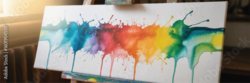 Colorful watercolor splatter art on canvas displayed on an easel in bright light