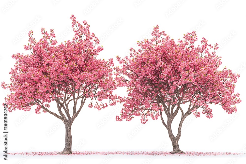 Obraz premium Two cherry blossom trees with pink flowers in full bloom against a white background