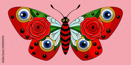 black  butterfly with patterned wings, styled with peacock eye spots, complemented by painted red roses and elegant gold stems and leaves on pink.