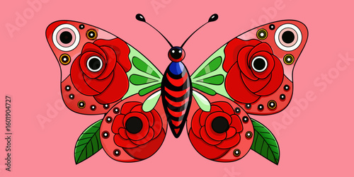 black  butterfly with patterned wings, styled with peacock eye spots, complemented by painted red roses and elegant gold stems and leaves on pink.