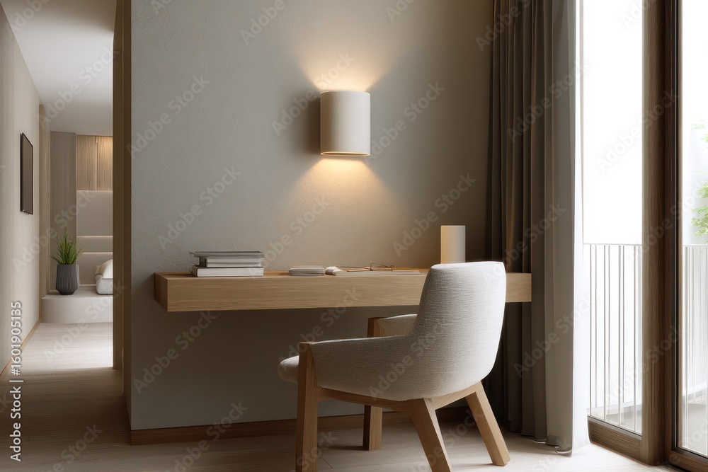 Workspace alcove with wall-mounted oak desk, soft wall sconce glow and clean gradient light, neutral tones and realistic shadow Workspace alcove with wall-mounted oak desk, soft wall sconce glow and clean gradient light, neutral tones and realistic shadow