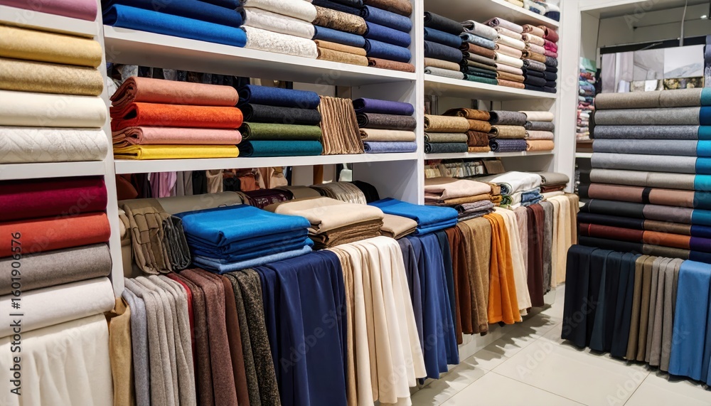 Obraz premium A vibrant collection of fabric rolls neatly arranged on shelves in a textile store, showcasing a variety of colors and textures.