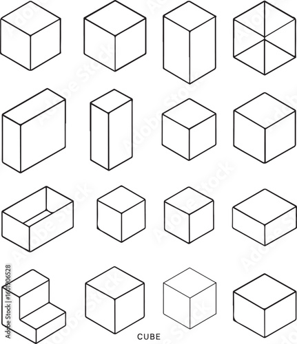Geometric shapes isometric line drawings cube cuboid