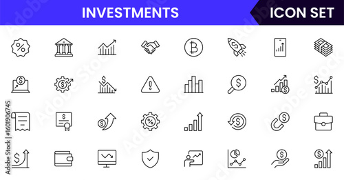 Investments vector line icons featuring stocks, graphs, portfolios, growth, returns, money, assets, finance apps, risk analysis, and savings.