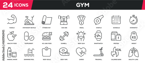 Set of collection line icons related gym, fitness, exercise. Editable stroke. Perfect pixel on transparent background