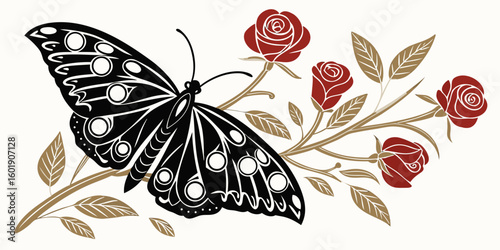 black  butterfly with patterned wings, styled with peacock eye spots, complemented by painted red roses and elegant gold stems and leaves on white.