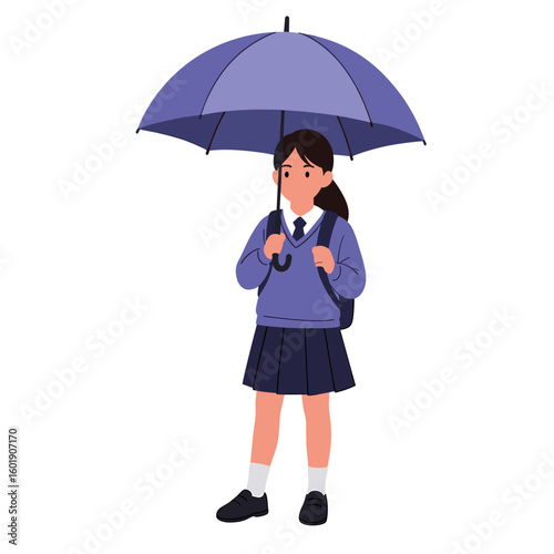 Girl standing with umbrella in school uniform on white background  