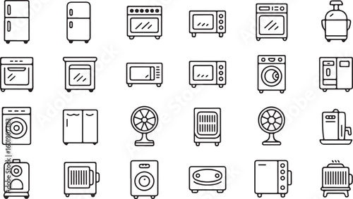 Kitchen appliances and home electronics line art icons