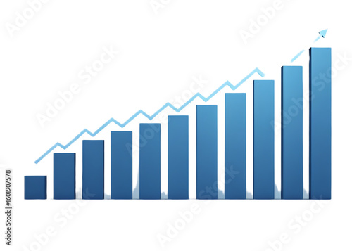 A blue bar graph with an upward trending line showing growth on a black background illustration