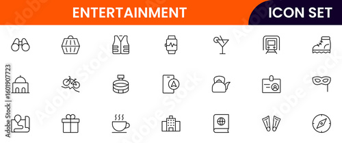 Entertainment vector line icons featuring music, games, books, movies, instruments, painting, photography, theater, and creative activities.