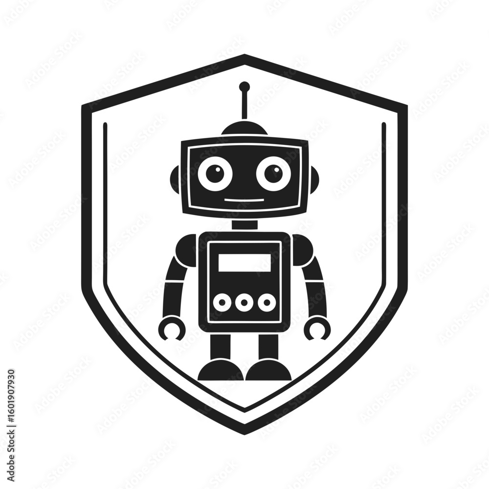 Naklejka premium Robot mascot with square head in shield badge emblem silhouette vector illustration