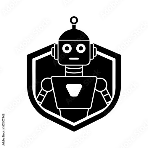 Robot emblem icon with shield frame and bold silhouette style vector illustration
