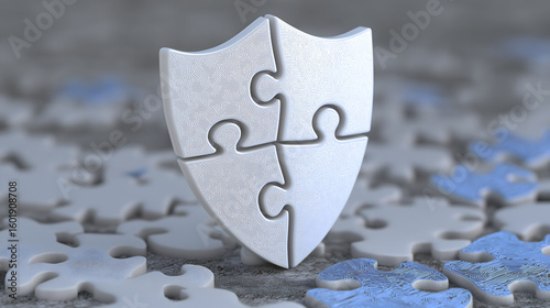 A 3D shield made of four interconnected puzzle pieces, symbolizing security and protection, stands upright on a scattered puzzle background.