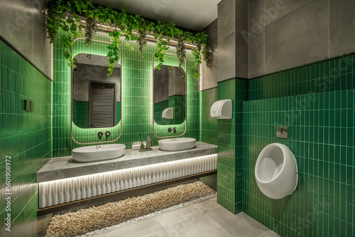 Luxury public washroom with backlit mirrors over a double vanity, hanging plants (artificial greenery), and a white urinal on a green tiled wall.