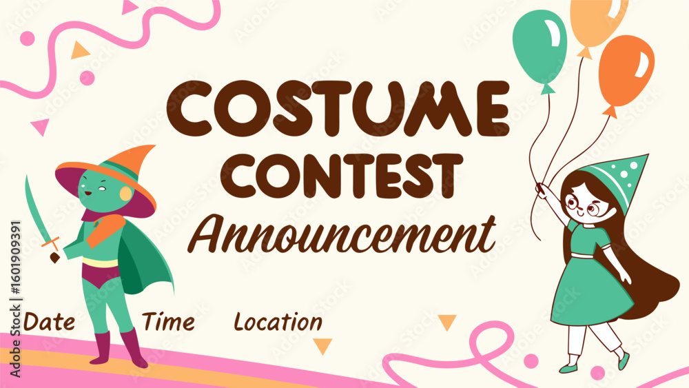 Obraz premium Illustration of costume contest announcement with cartoon characters and balloons on a light background