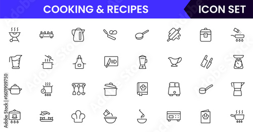 Cooking and recipes vector line icons featuring pots, pans, ingredients, utensils, cookbooks, chef hats, timers, and meal preparation tools.
