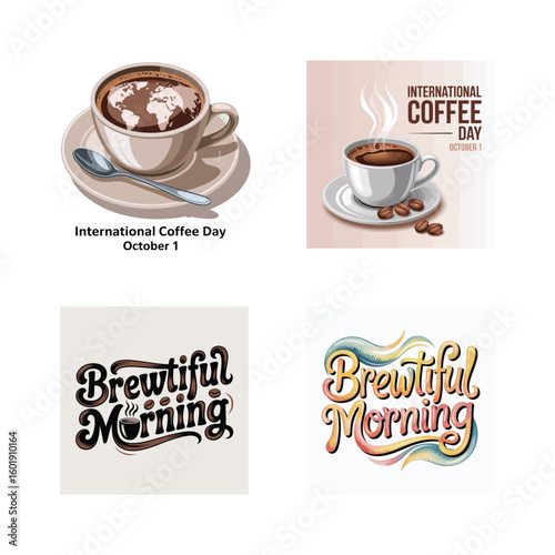 Coffee cup with earth map and international coffee day text spoon