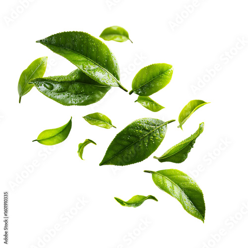 A bunch of green leaves are scattered in the air