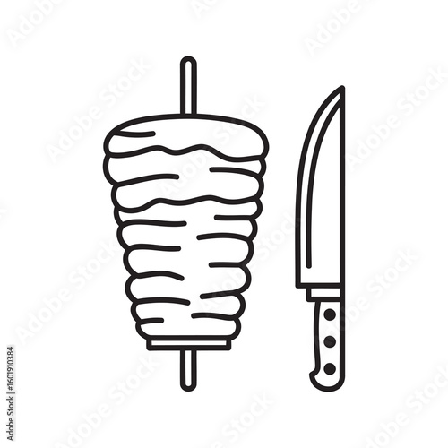 Doner kebab skewer icon with knife for turkish street food and shawarma meal Traditional gyro grill symbol for fast food restaurant menu design