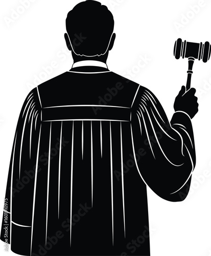 Vector art of silhouette of a judge in robes holding a gavel viewed from behind isolated on transparent background