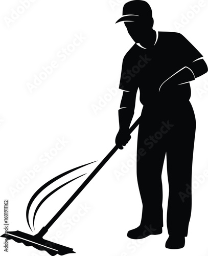 Vector art of silhouette of a cleaner wearing a cap and sweeping the floor with a mop isolated on transparent background