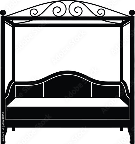 Black silhouette of ornate daybed with canopy white