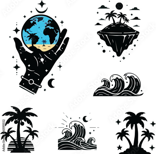 A mystical hand cradles a miniature world with a tropical beach, alongside floating islands, crashing waves, and silhouetted palm trees, evoking a sense of wonder and escapism.