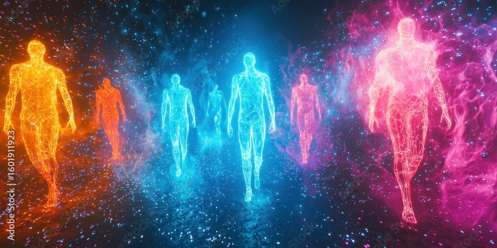 Obraz premium A surreal vision of humanoid digital entities floating in a neon-lit cyberspace