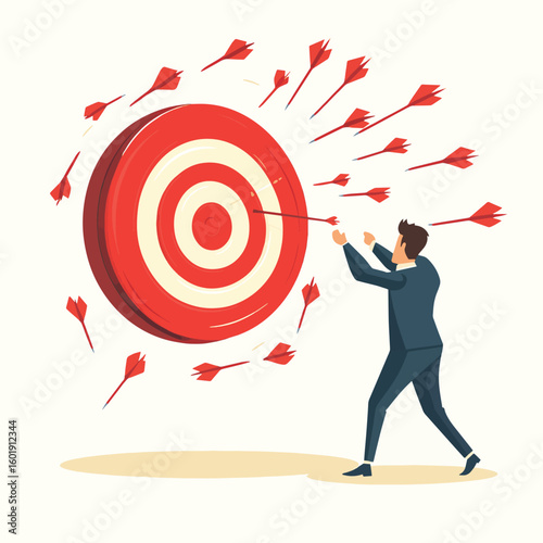 Businessman throwing a dart at a red target board, surrounded by missed arrows, flat style on a light background, concept of goal setting and achievement