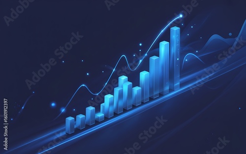 Glowing blue bars and line chart showing upward trend bar chart line graph