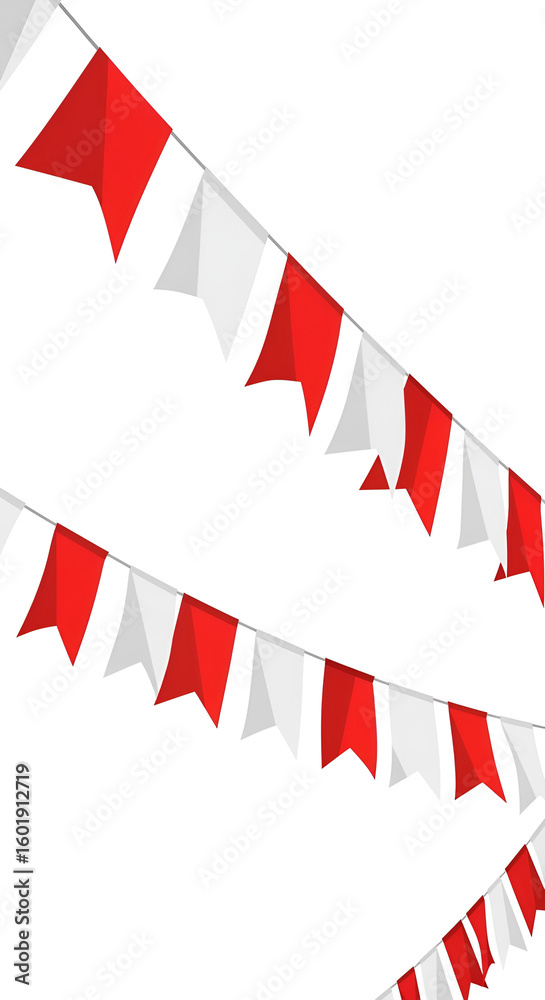 Fototapeta premium Festive bunting with alternating red and white triangular flags hanging diagonally against a white background.