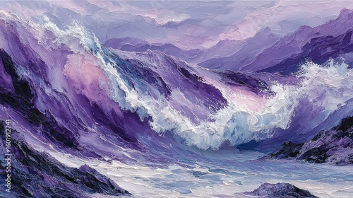 Wallpaper Mural Textured purple waves crashing against dark rocky shore under a hazy sky Torontodigital.ca