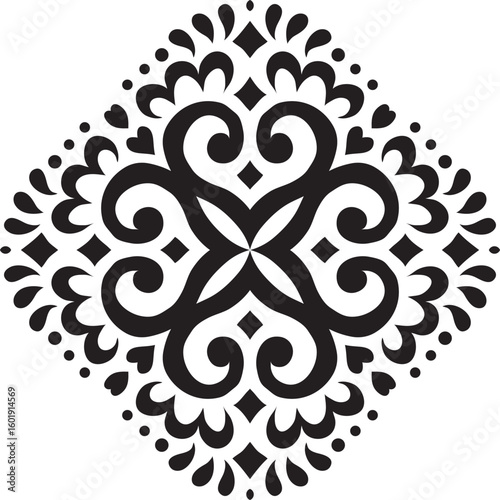 Artistic hand drawn ethnic vector print. Symmetric Moroccan decorative element for printing on T-Shirt, mug or other souvenir. Boho style decoration. Black silhouette pattern on white background.
